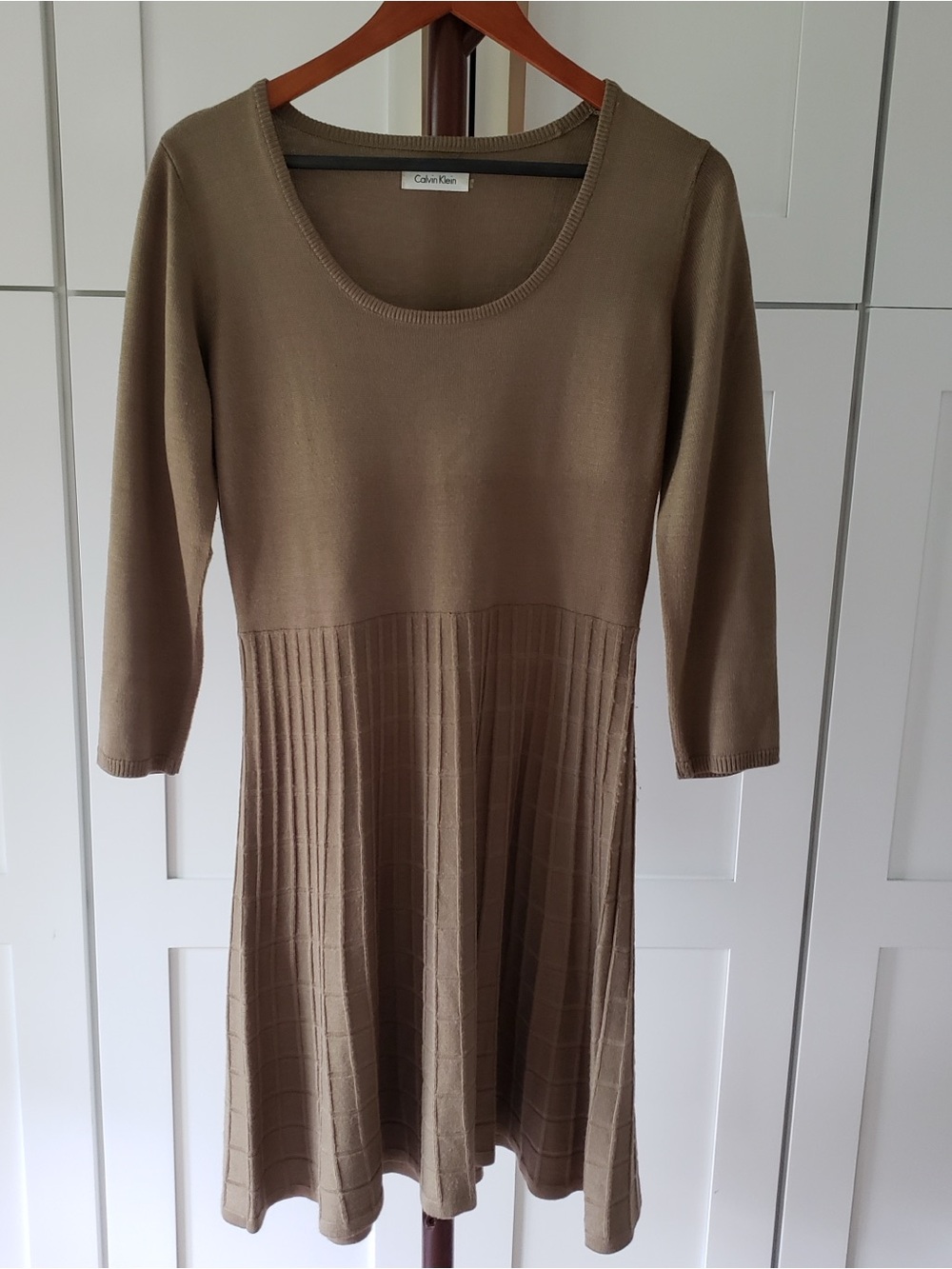 Calvin Klein Dress Olive-Taupe Long Sleeve Knit Fit-and-Flare